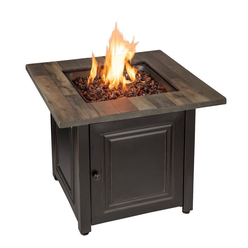 Endless Summer 30 in. W x 25.4 in. H Square Steel Frame and Wood Grain Print Resin Mantel LP Gas Fire Pit with Integrated Ignition GAD15285SP