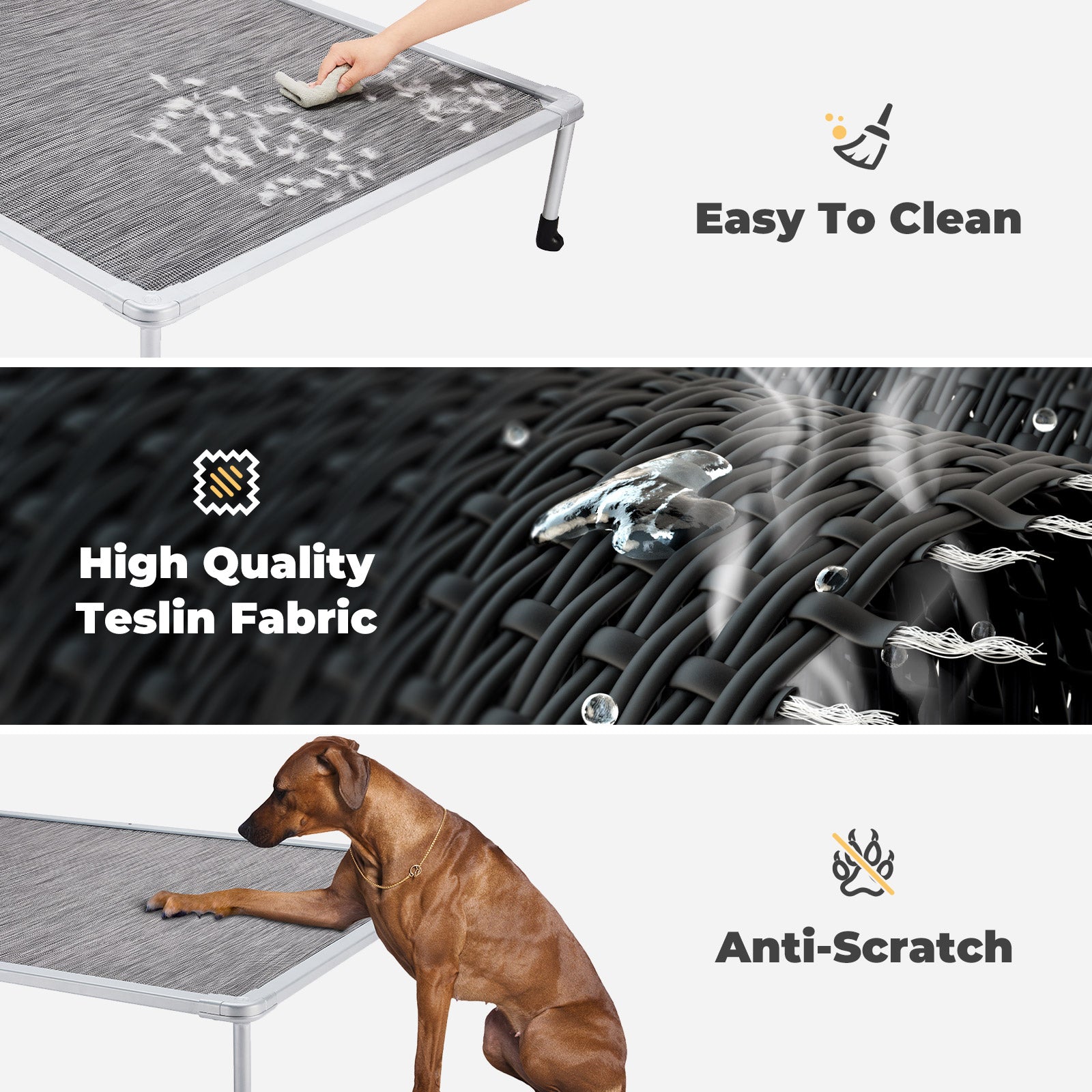 Veehoo Chewproof Dog Bed， Cooling Raised Dog Cots with Silver Metal Frame， XX Large， Black Silver