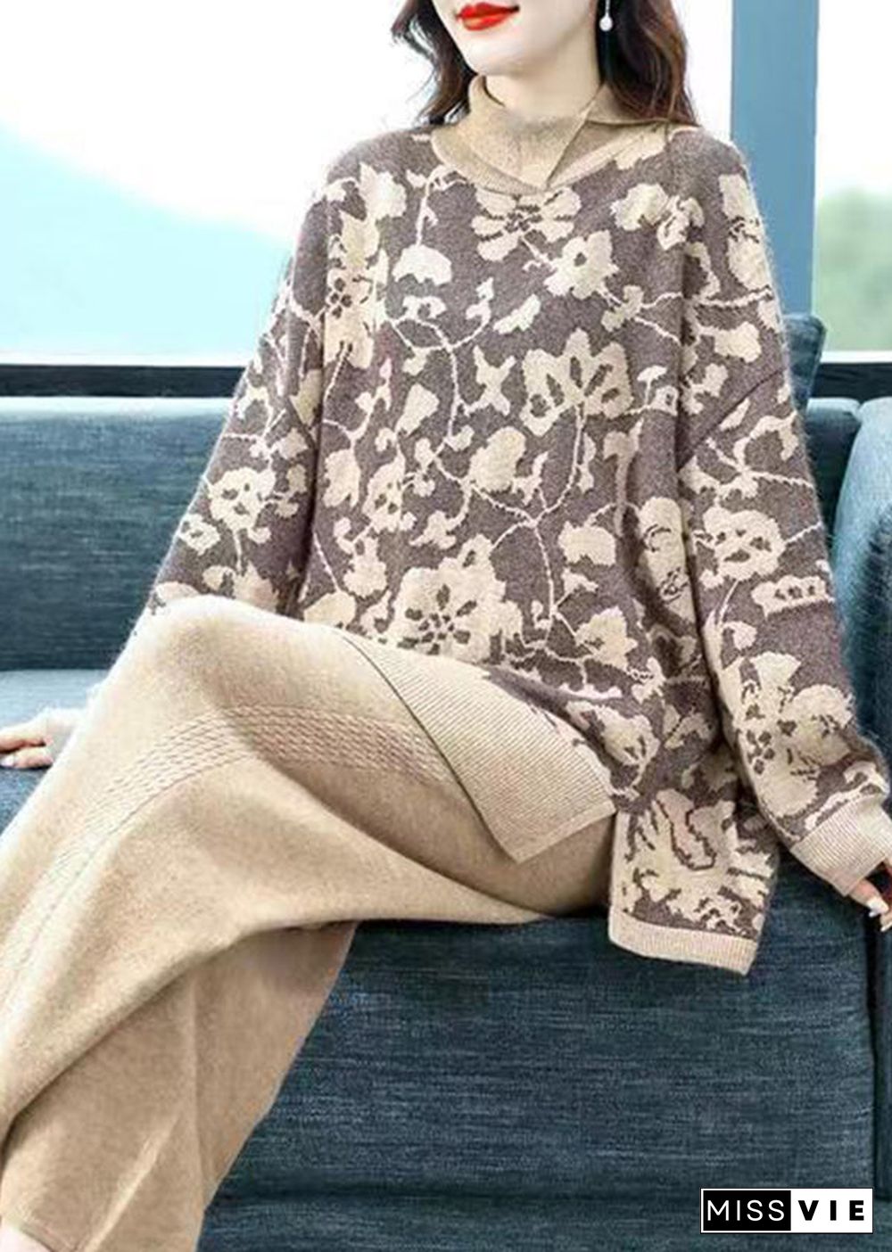 Elegant Khaki Print Tops And Pants Woolen Two Pieces Set Fall