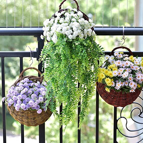 Egebert Hanging Planter Basket Handmade Woven Wall Hanging Flower Pot Wicker Weaving Flower Pot Rattan Vase Half Round Rattan Railing Planter for Indoor Outdoor Home Garden Decor Pot Plants Flowers