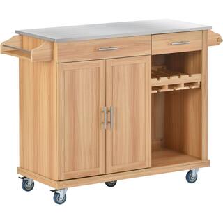 51 in. W Brown MDF Stainless Steel Top Kitchen Cart Kitchen Island on Wheels with 2-Drawers and Goblet Holder wykkisland06