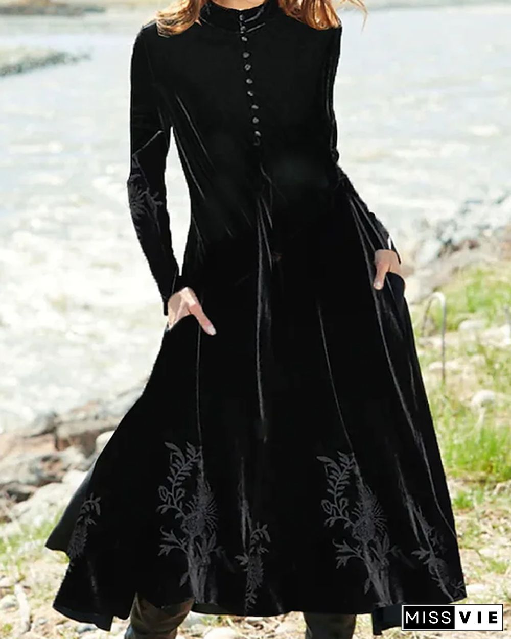 Large Swing Mid Length Black Long Sleeve Solid Velvet Dress