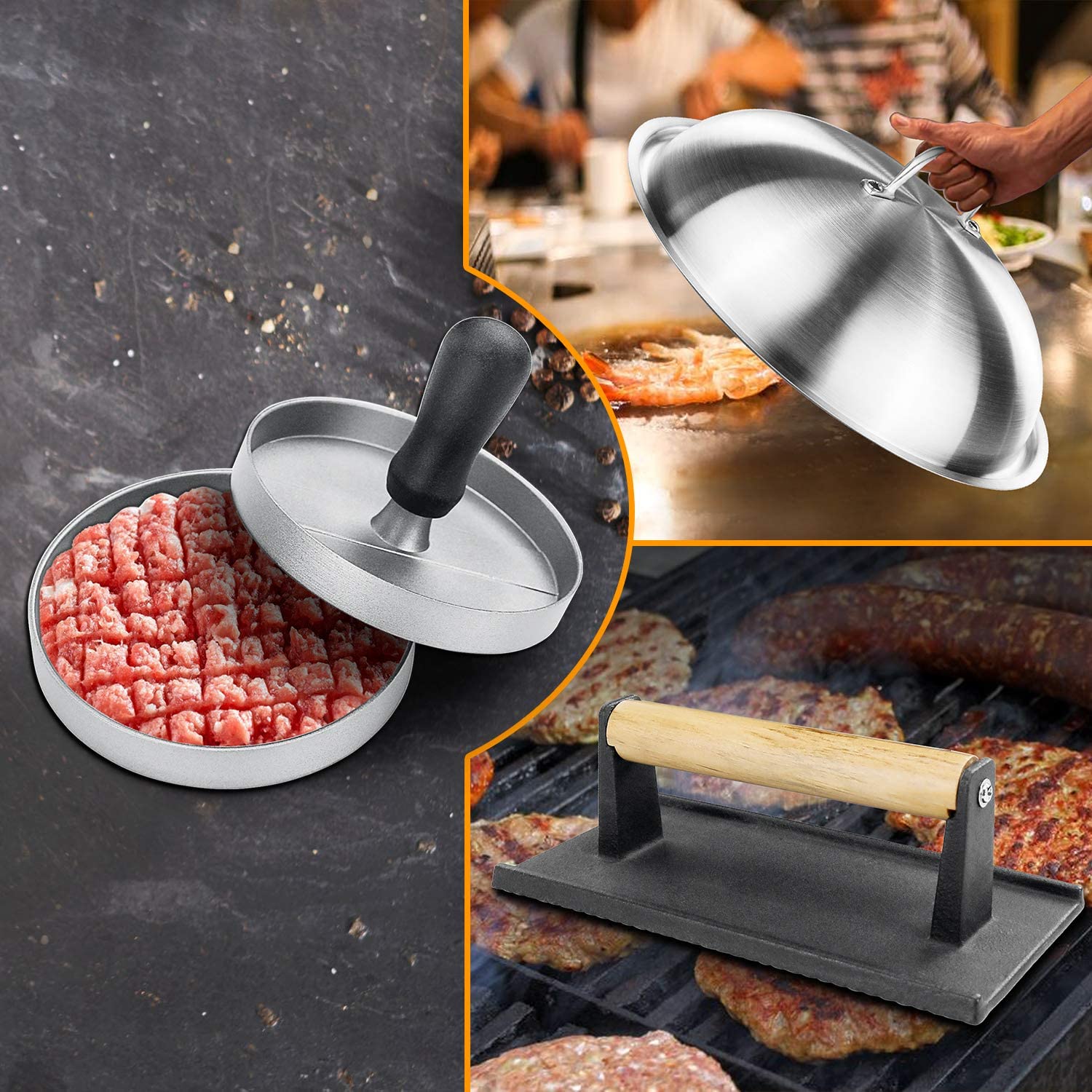 Griddle Flat Top Grill Accessories BBQ Tools Gift Kit Melting Dome Lid + Spatulas + Scraper + Egg Rings + Burger Press + Squirt Bottles + Carrying Bag