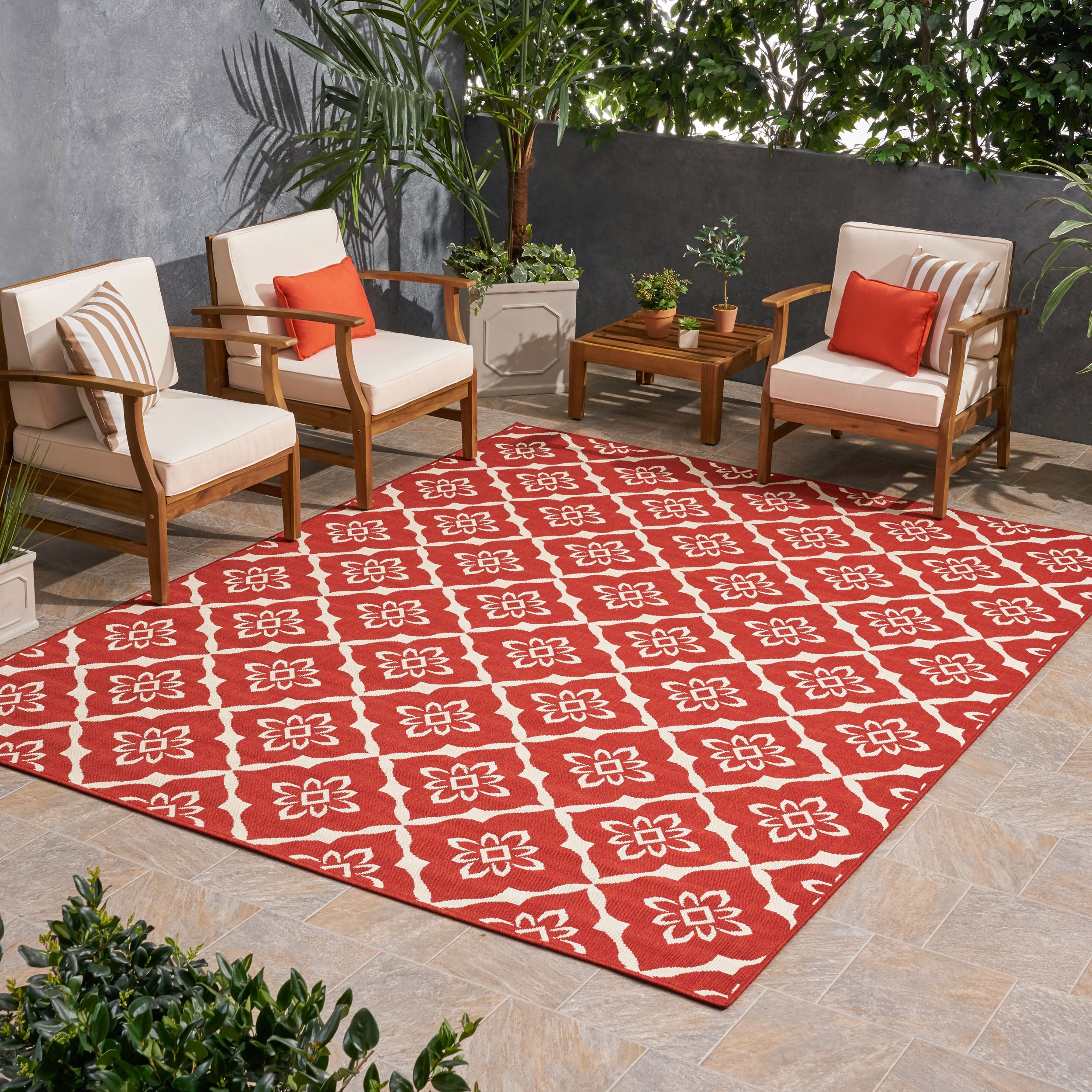 Eluzer Outdoor Trellis Area Rug, Red and Ivory