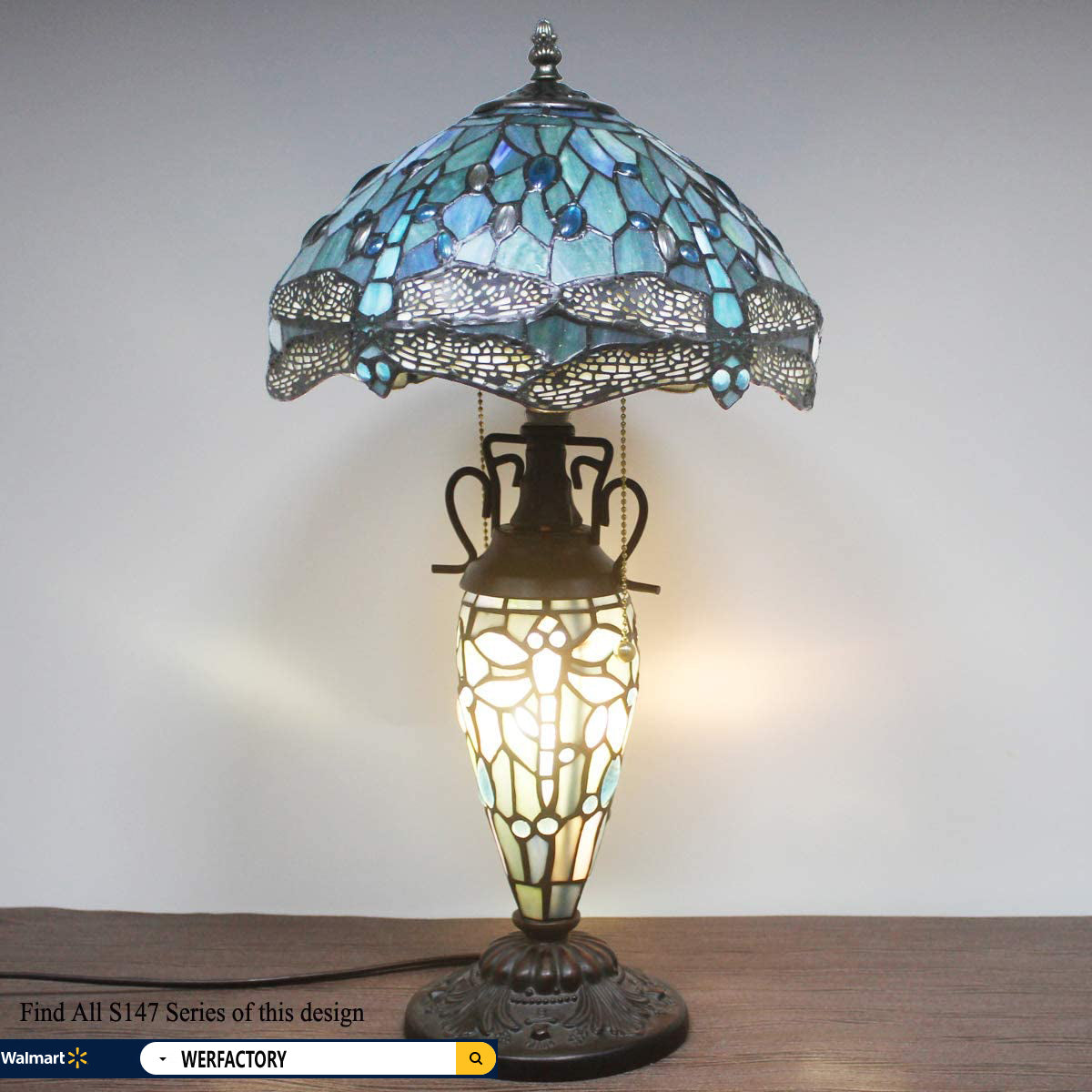 Rustic Tiffany Table Lamp with Nightlight Sea Blue Stained Glass Dragonfly Style Desk Light Vintage Base 22" Tall Living Room Bedroom Bedside Nightstand Home Office Family WERFACTORY Led Bulb Included