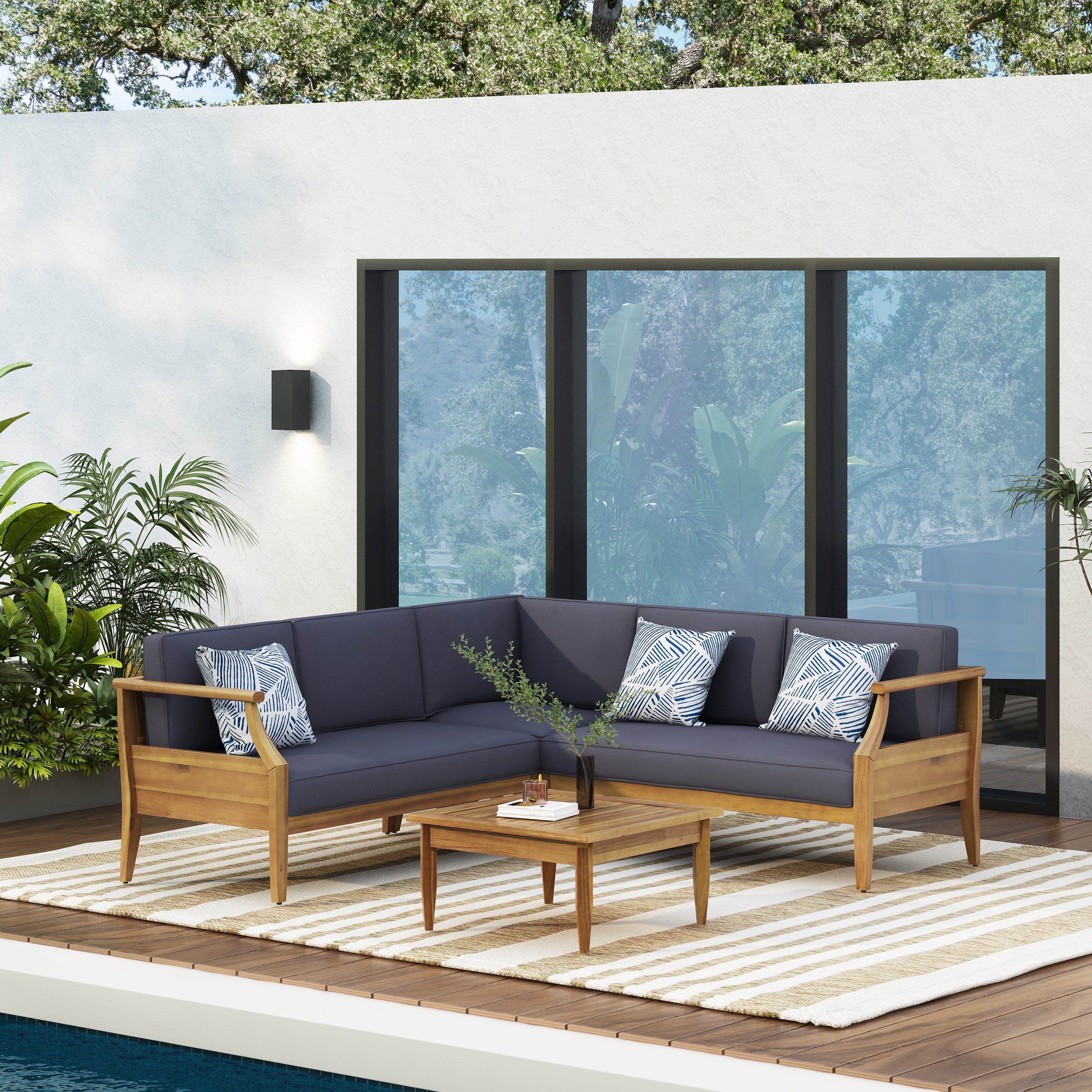 Bianca Outdoor Mid-Century Modern Acacia Wood 5 Seater Sectional Chat Set with Cushions, Teak and Dark Gray