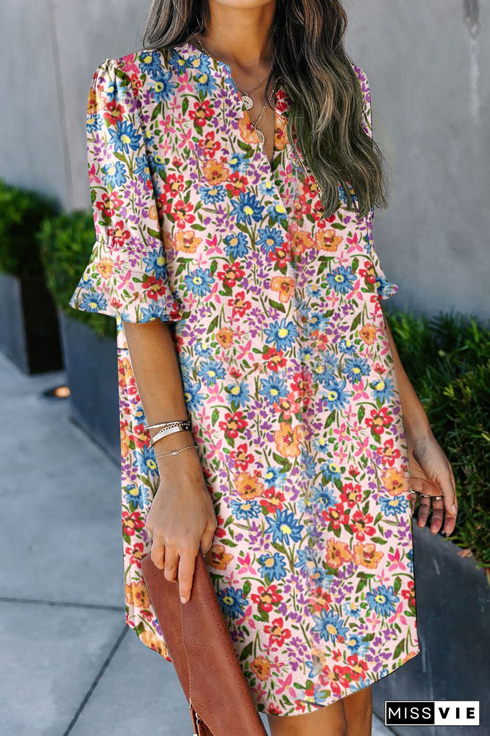 Boho Floral Printed Flutter Sleeve Dress