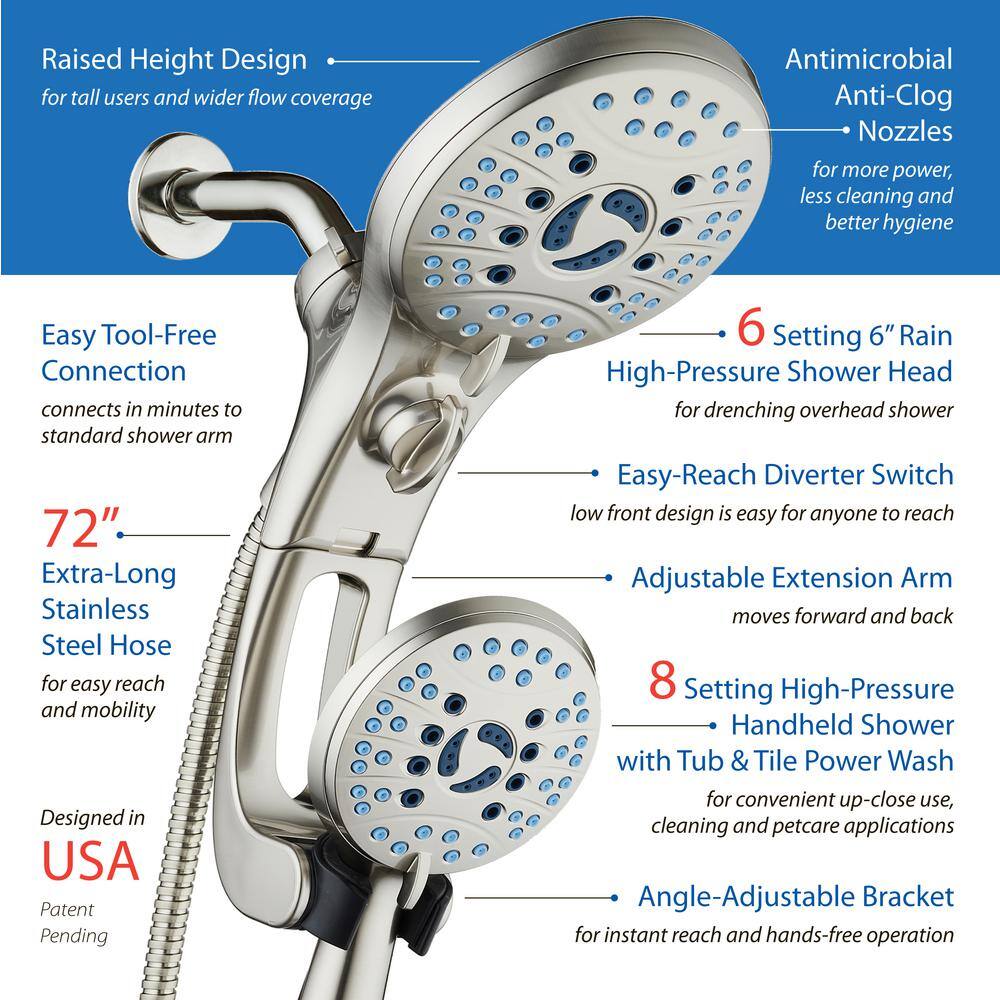 AQUACARE 50-Spray Patterns 2.5 GPM 6 in. Wall Mount Dual Shower Heads and Handheld Shower Head Antimicrobial in Satin Nickel 43238