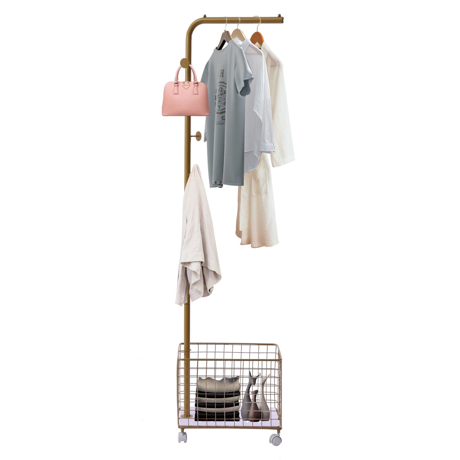 MIDUO Modern Freestanding Metal Coat Rack Rolling Storage Coat Rack w/ Metal Basket Gold