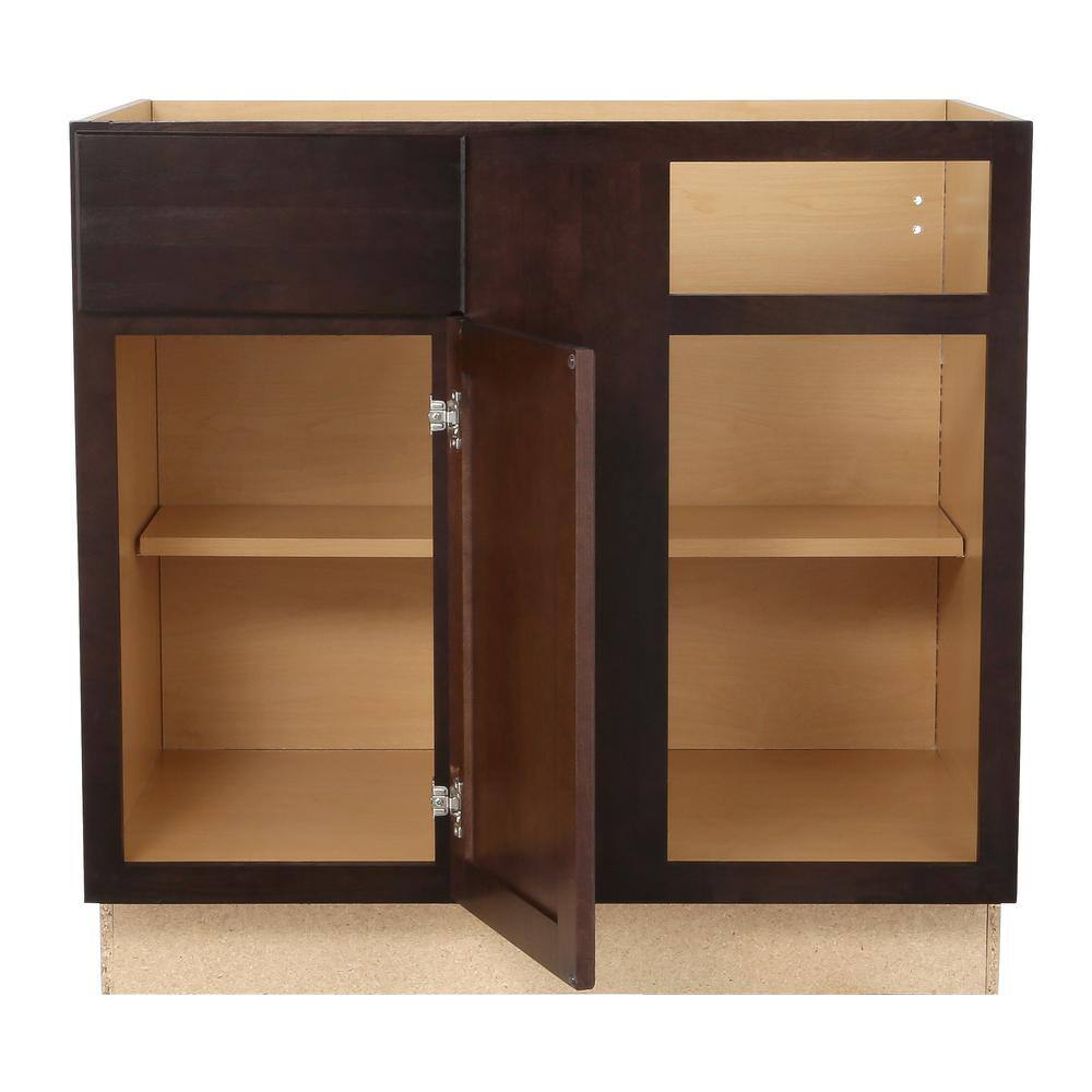 Hampton Bay Shaker Assembled 36x34.5x24 in. Blind Base Corner Kitchen Cabinet in Java KBBC45-SJM