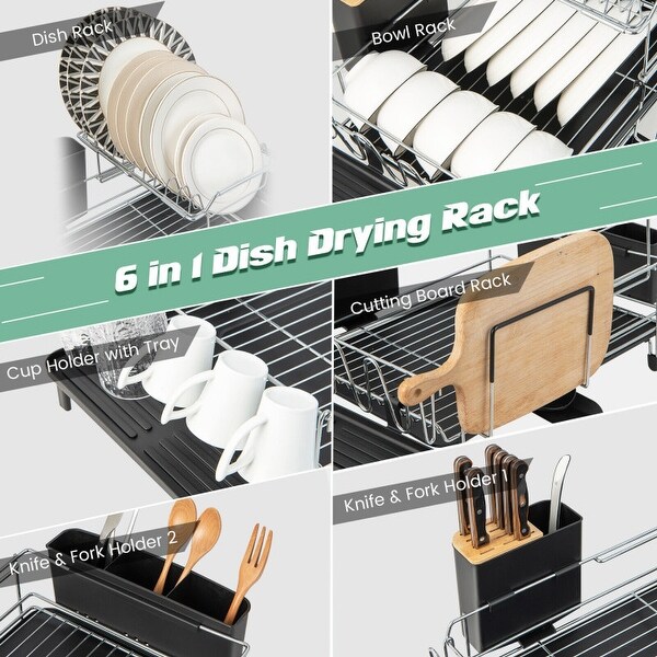 2-Tier Detachable Dish Rack with Drainboard and 360° Swivel Spout - 22