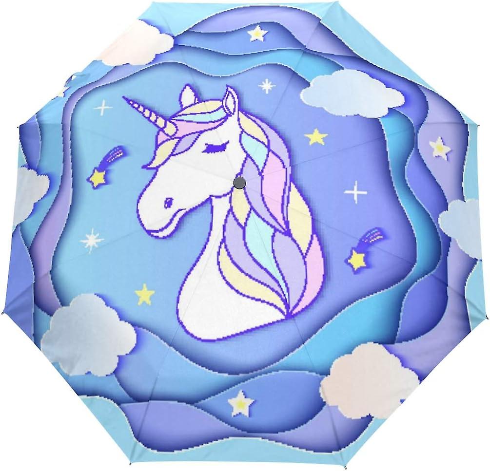 Travel Umbrella Automatic Windproof Foldable Umbrella Head Of Unicorn Clouds And Stars