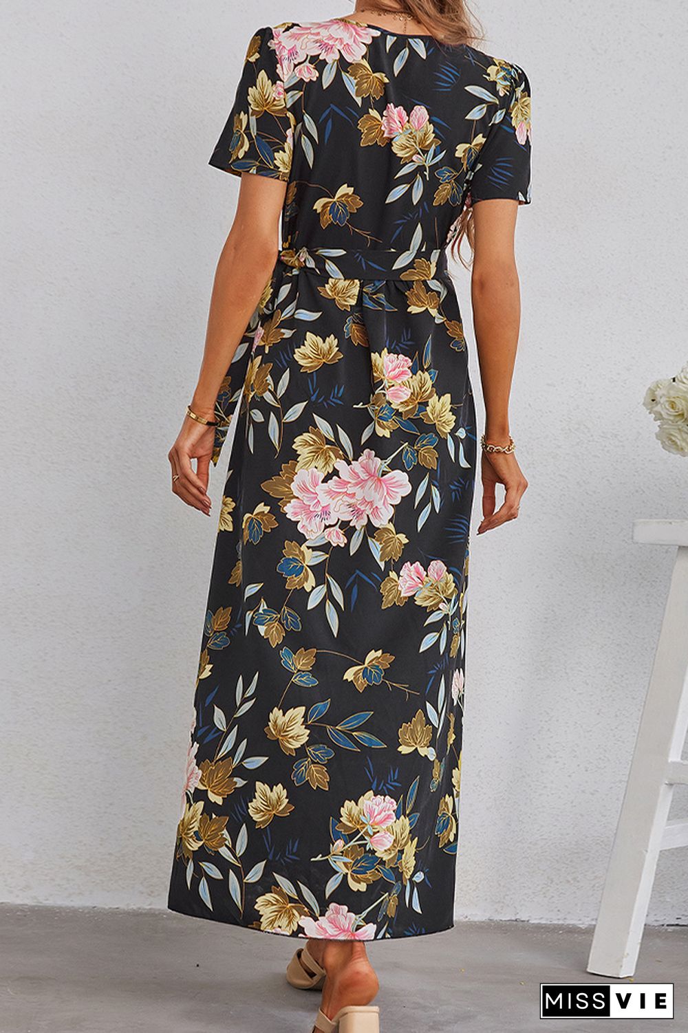 Floral Print V-neck Short Sleeve Dress Wholesale