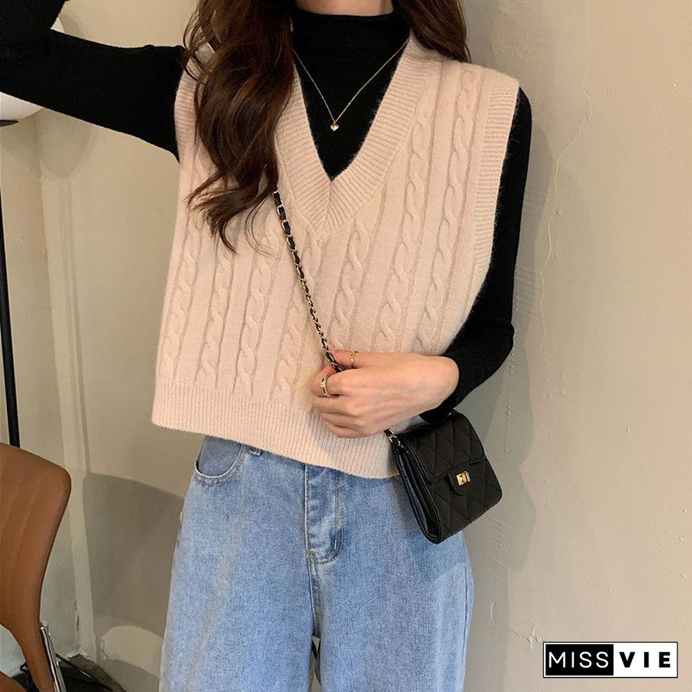 Oversized Cable Knit V Neck Knitted Tank Top Sweater