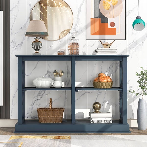 Navy Blue Wooden Entryway Console Table with 3-Tier Shelves