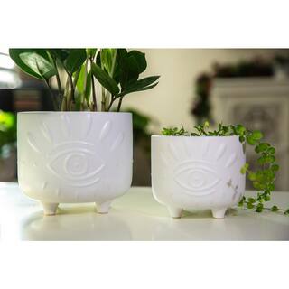 Flora Bunda 6 in. and 4.75 in. Matte White Evil Eye Ceramic Plant Pot with Legs (Set of 2) CT1423E2-MTWH