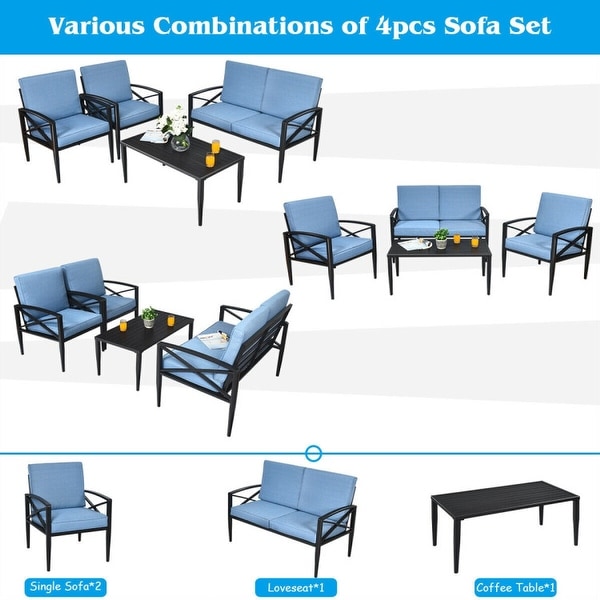 4PCS Patio Furniture Set Aluminum Frame Cushioned Sofa