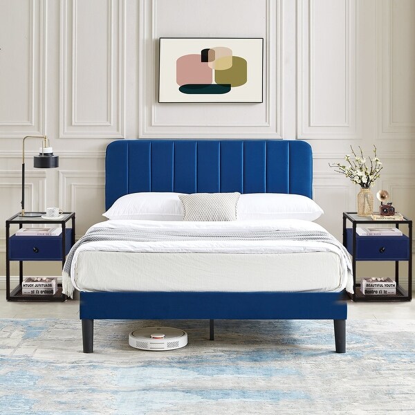 Javlergo 3-Piece Modern Bedroom Set with Upholstered Bed Frame and 2 Nightstand， Blue - - 37904706