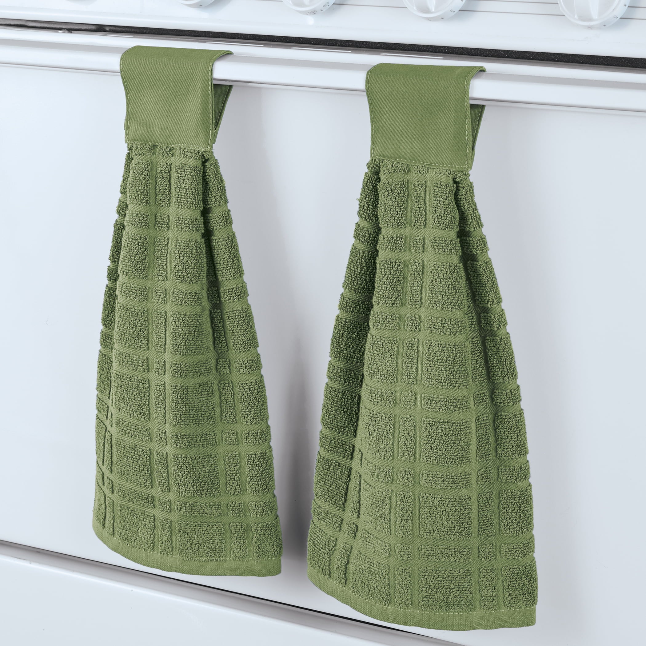 Collections Etc Hanging Tufted Design Kitchen Towels - Set of 2 - Touch Tab Top Closure - Hangs on Appliances， Drawer Handles - Machine Wash， Cotton - 18L x 16W - 3 Colors