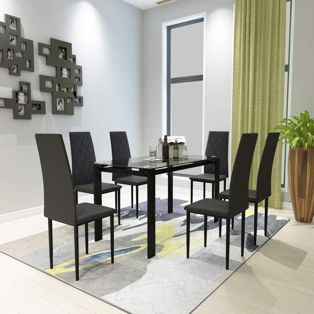 Classic 7 Piece Dining Table Set with Rectangular Toughened Glass Dining Table and PU Leather High Back Dining Chairs  Black