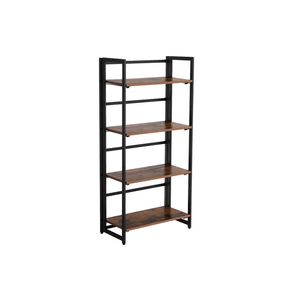 Industrial Bookshelf  Folding Bookcase  4 Tier Ladder Shelf  Wood Look Accent Furniture with Metal Frame