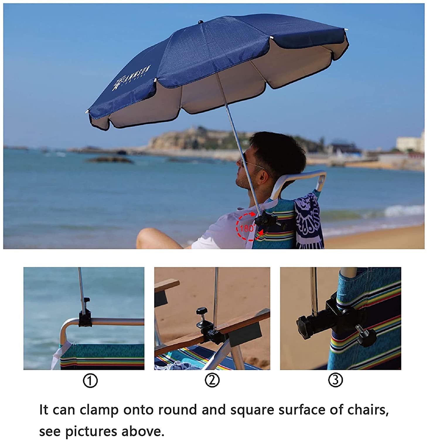 Ammsun Chair Umbrella with Universal Clamp 43 inches UV 50+ Protection,Navy Blue