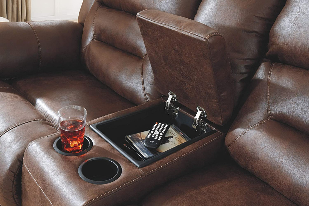 Comfortable Reclining Loveseat  Manual Design With Faux Leather Seat  Dark Brown   Contemporary   Loveseats   by Declusia  Houzz