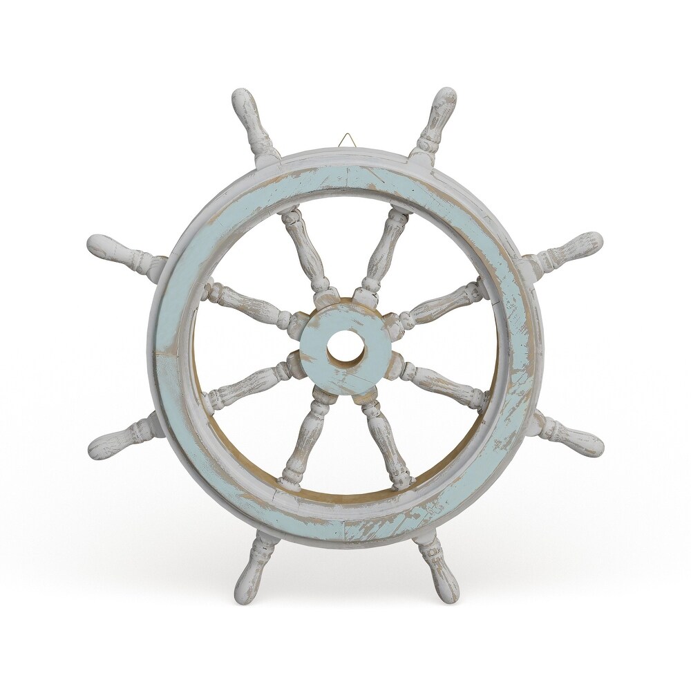 Blue Wood Ship Wheel Sail Boat Wall Decor with Distressing