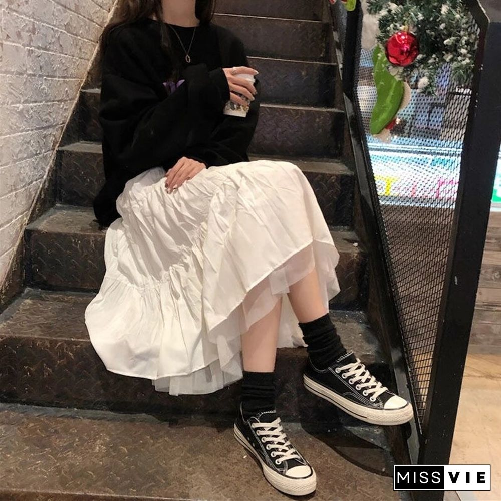 Long Tulle Midi Skirts Womens Autumn Elastic High Waist Mesh Tutu Pleated Skirts Female Black White Long Skirt Streetwear