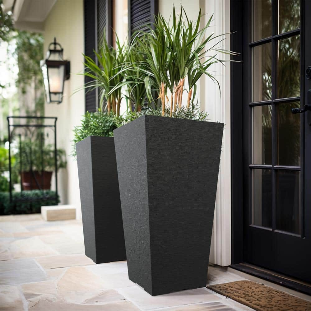 Sapcrete Large  Tall 27.57 in. High Square Charcoal Black Plastic Planter Pots for IndoorOutdoor Plants (Set of 2) SATA028-P