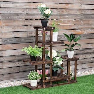 FORCLOVER 38 in. Tall IndoorOutdoor Brown Fir Wood Plant Stand 6-Tiered CTW-GT3542