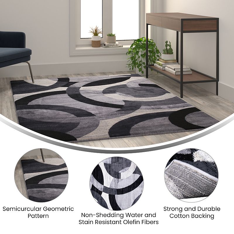 Masada Rugs Masada Rugs， Thatcher Collection Accent Rug with Interlocking Circle Pattern in Black and Grey with Olefin Facing and Natural Jute Backing - 5'x7'