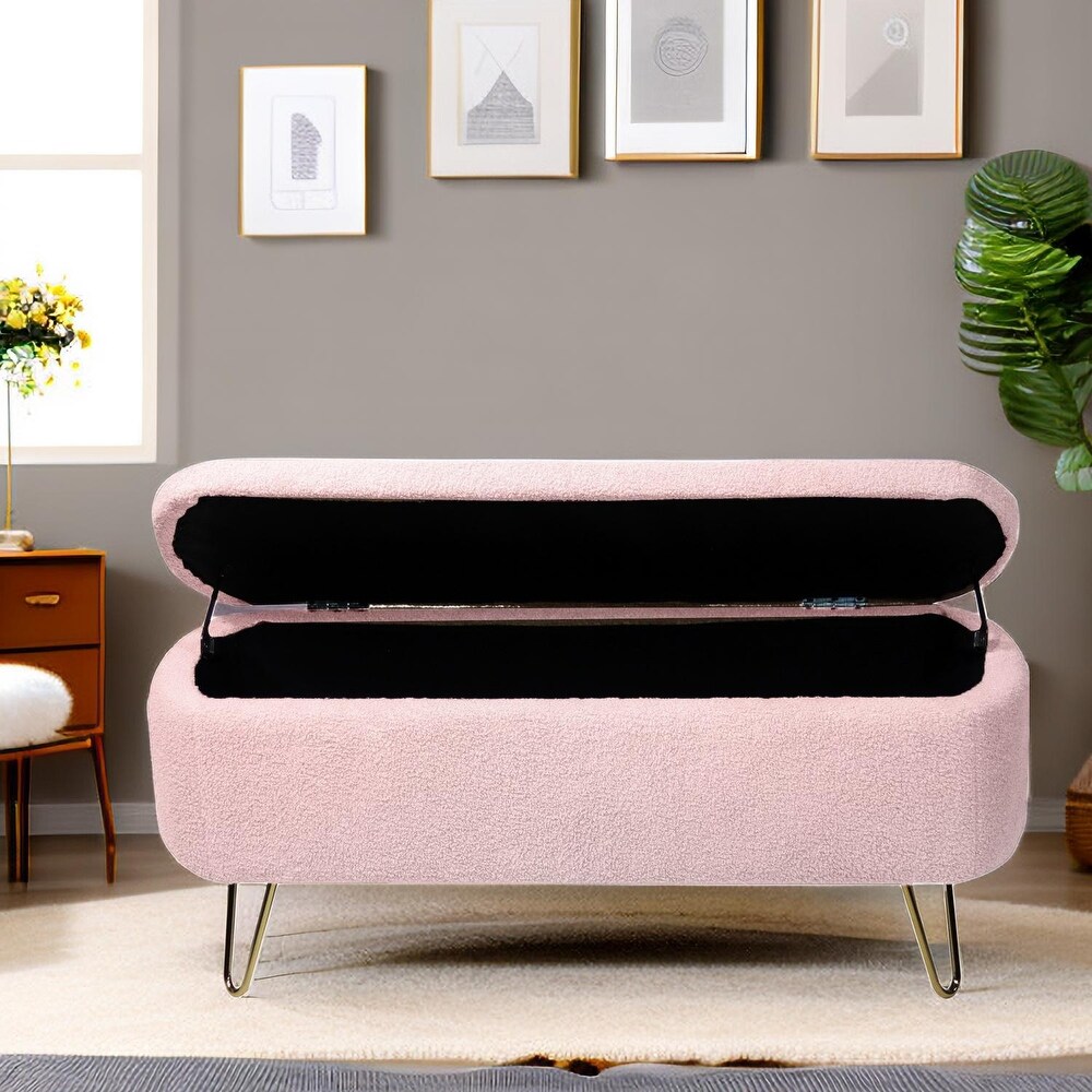 Contemporary Fabric Upholstered Storage Ottoman Bench with Metal Legs