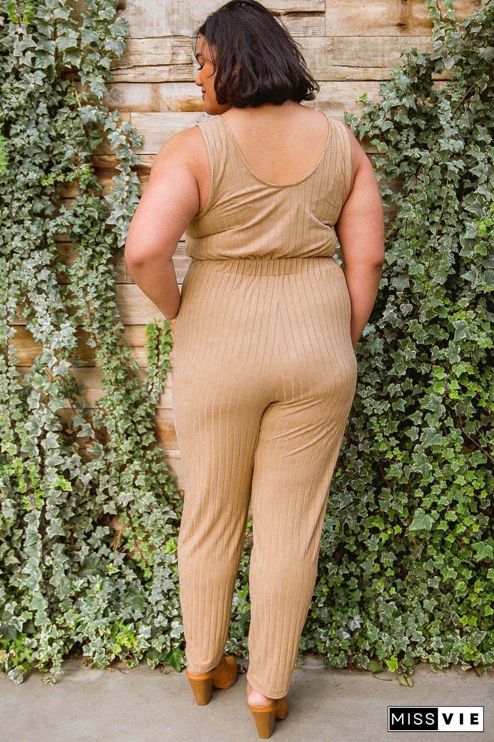 Apricot Ribbed Drawstring Waist Plus Size Sleeveless Jumpsuit