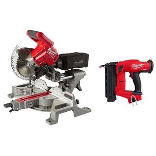 MW M18 FUEL 18V Lithium-Ion Brushless 7-14 in. Cordless Dual Bevel Sliding Compound Miter Saw w18-Gauge Brad Nailer 2733-20-2746-20