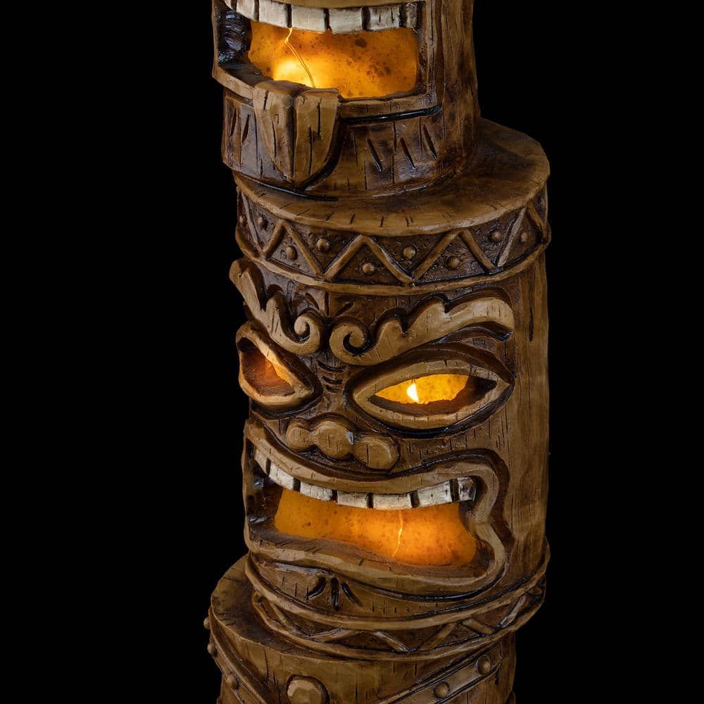 Alpine Corporation 19 in. Tall Outdoor 3-Tier Tiki Totem Statue with Solar LED Lights Yard Decoration WQA826SLR-DBR