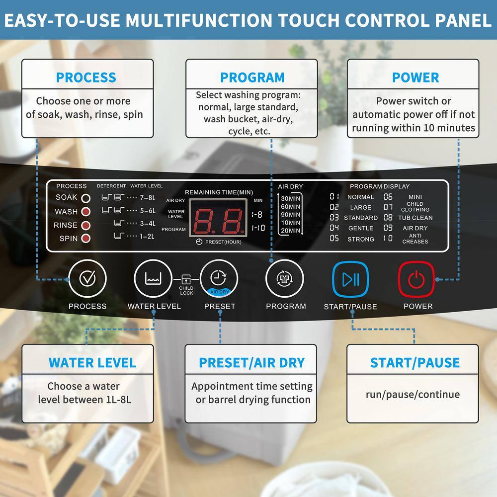 Amucolo 1.24 cu. ft. Top Load Washer Compact Fully Automatic Washing Machine in Gray White with LED Display and 8 Water Levels YeaD-CYD0-ZQP
