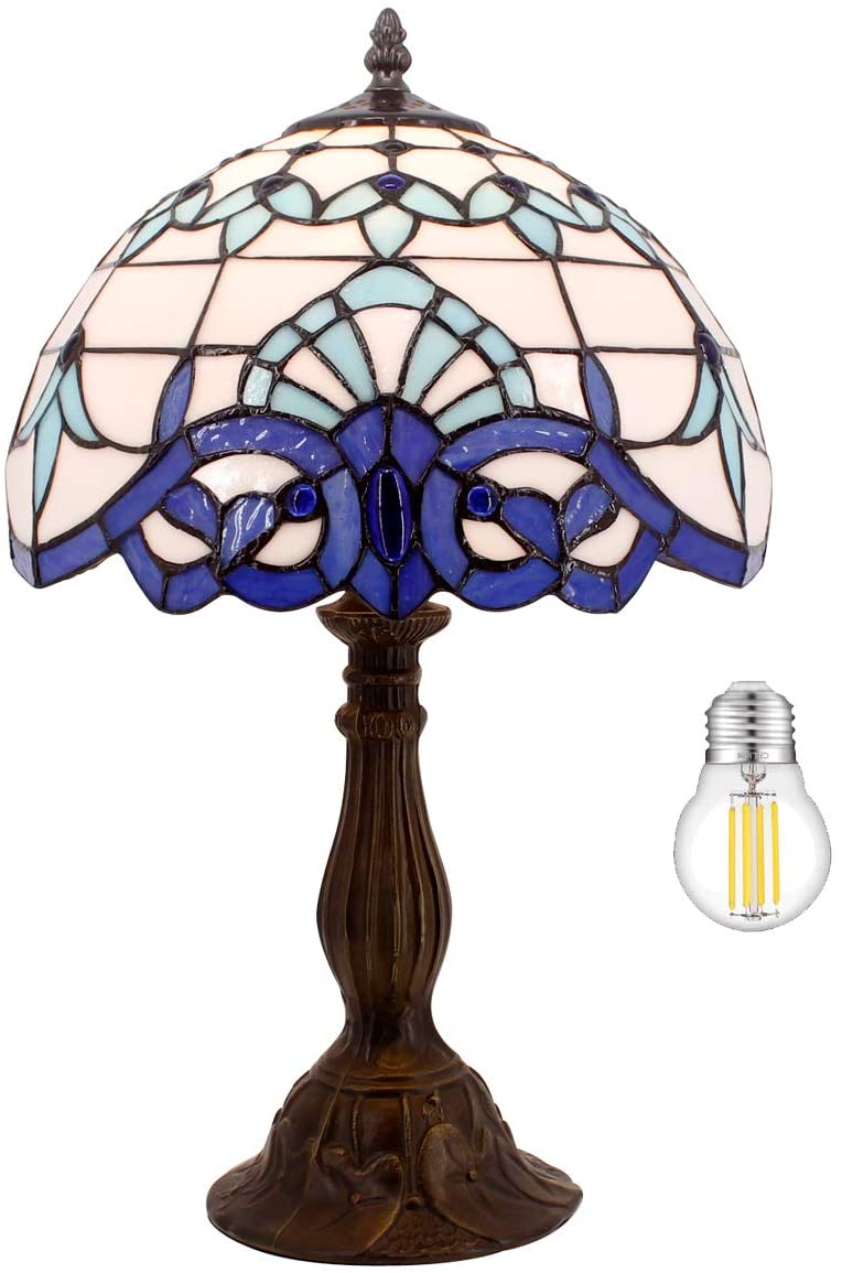 SHADY Tiffany Table Lamp Navy Blue Baroque Stained Glass Style Desk Bedside Reading Light 12X12X18 Inches Decor Bedroom Living Room Home Office S003B Series