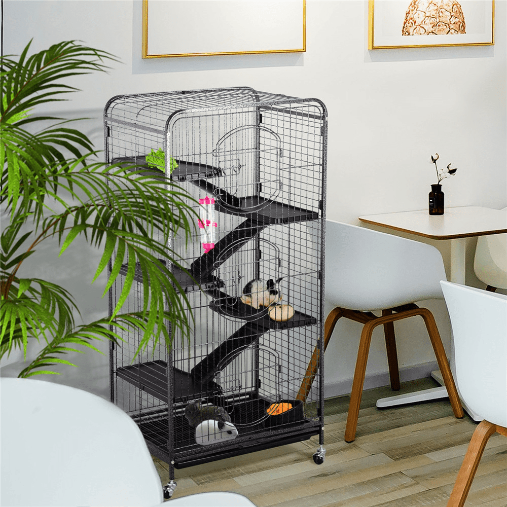 Yaheetech 52'' 6 Level Indoor Ferret Rabbit Small Animal Cage Hutch Black with 3 Front Doors