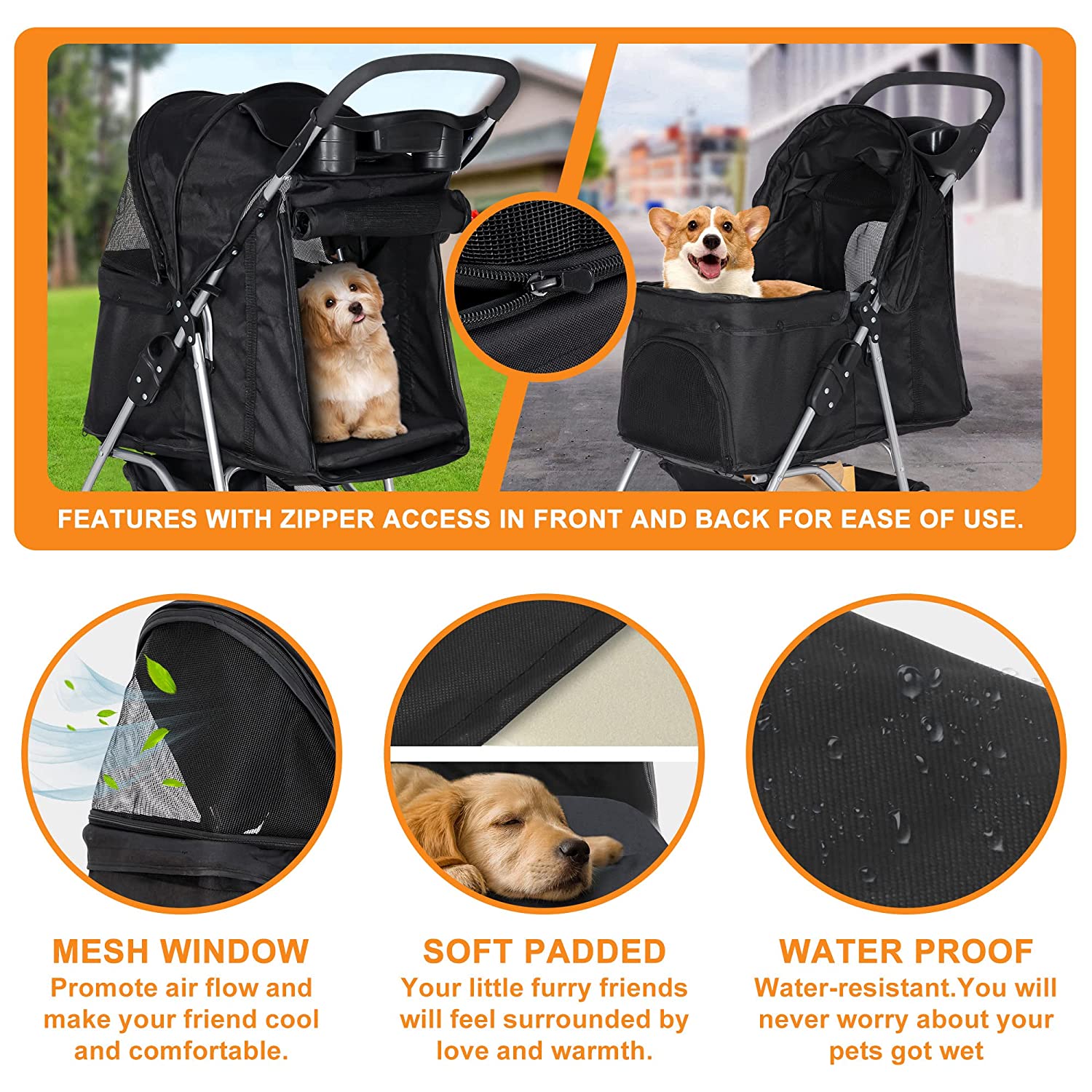 Pet Stroller， 4 Wheel Dog Stroller for Small Medium Dogs and Cats， Easy to Walk Foldable Carrier Strolling Cart with Storage Basket and Cup Holder