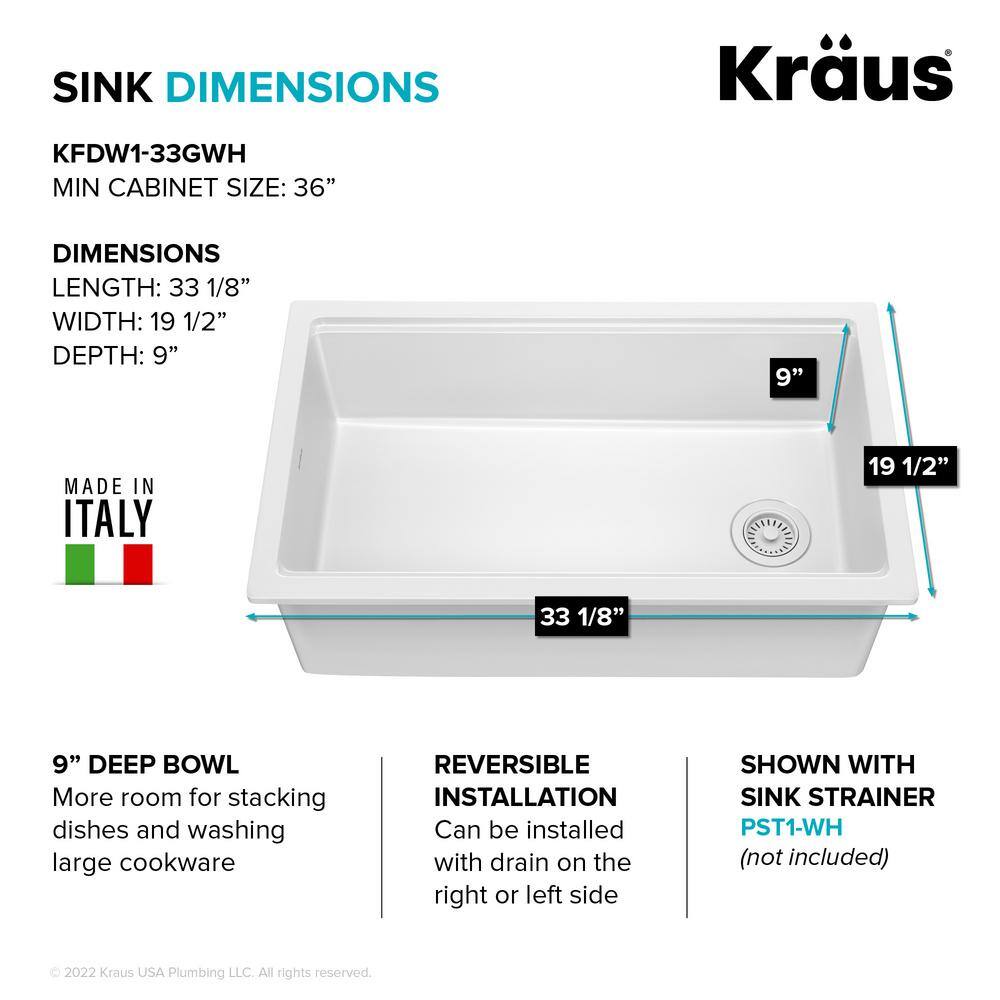 KRAUS Turino Gloss White Fireclay 33 in. Single Bowl Drop-InUndermount Workstation Kitchen Sink KFDW1-33GWH