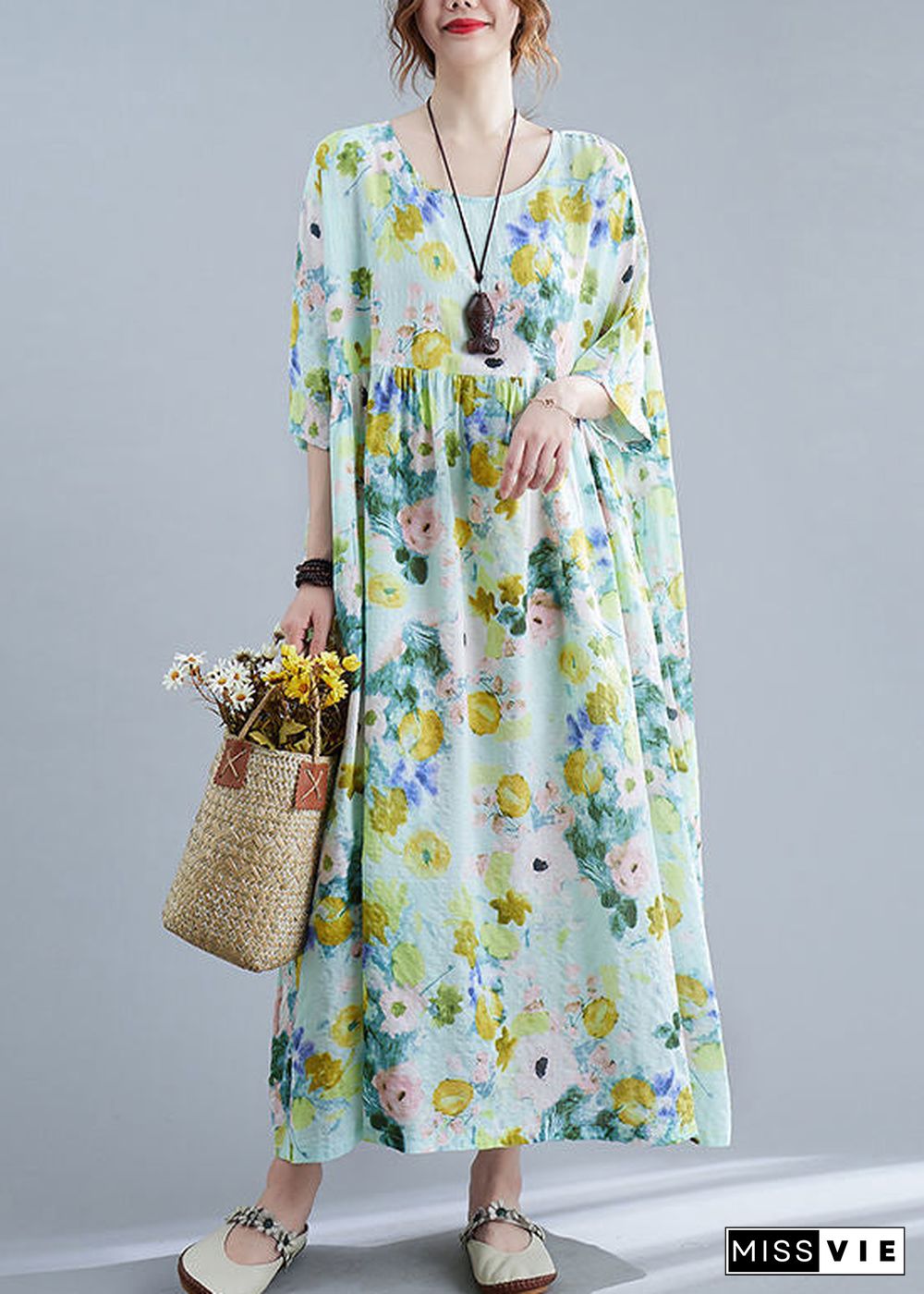 Elegant Green Oversized Print Cotton Maxi Dresses Summer