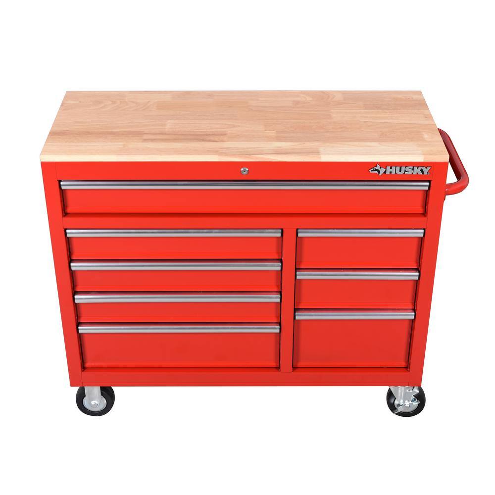 Husky 42 in. W x 18.1 in. D 8-Drawer Red Mobile Workbench Cabinet with Solid Wood Top