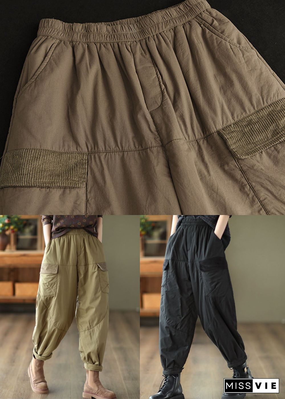 Unique Black Elastic Waist Pockets Fine Cotton Filled Pants Winter