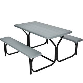 Costway Gray Rectangle Metal Picnic Table Bench Set with Extension OP3499GR