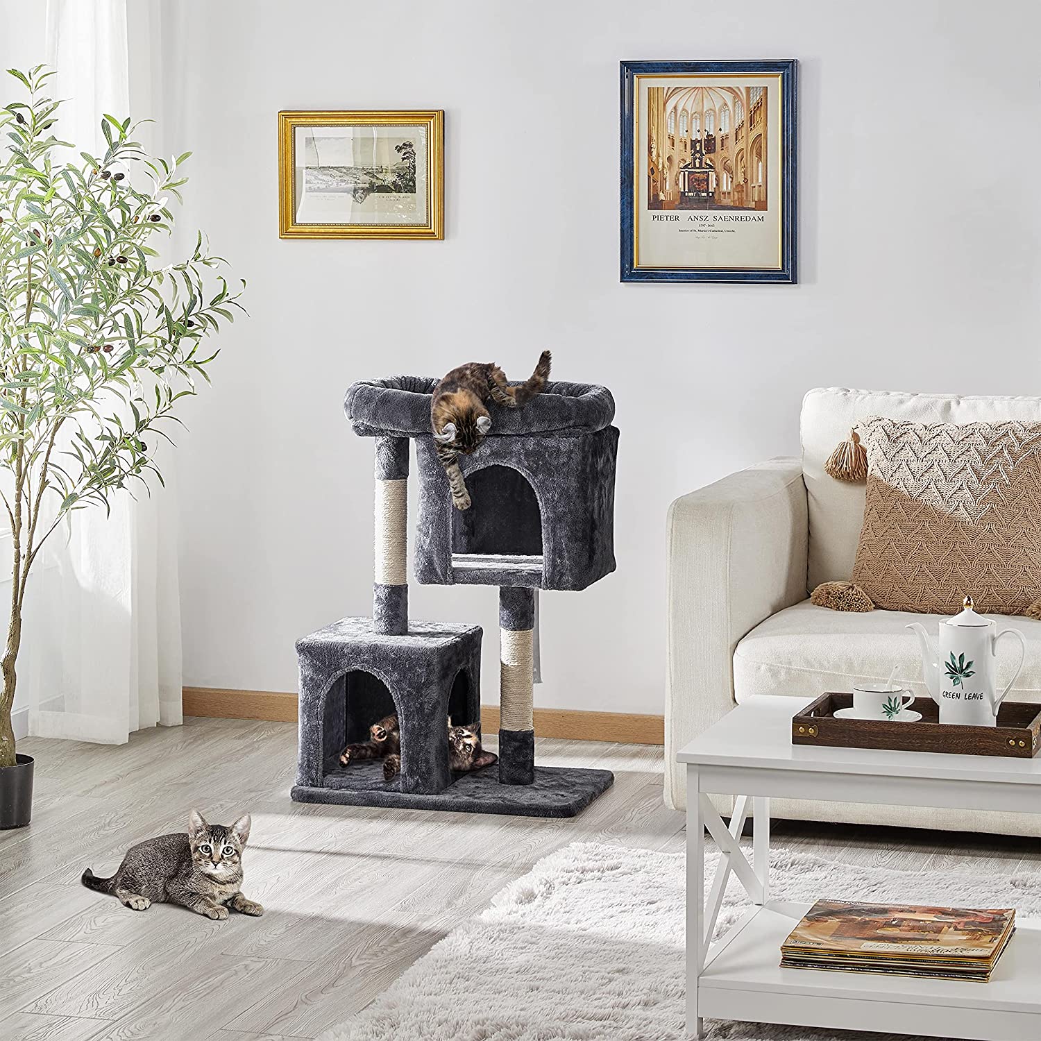 33.5in Cat Tree Tower for Indoor Cats w/2 Cozy Plush Condos, Oversized Perch & Sisal Scratching Posts, Stable Cat Stand House for Large Cats & Pets