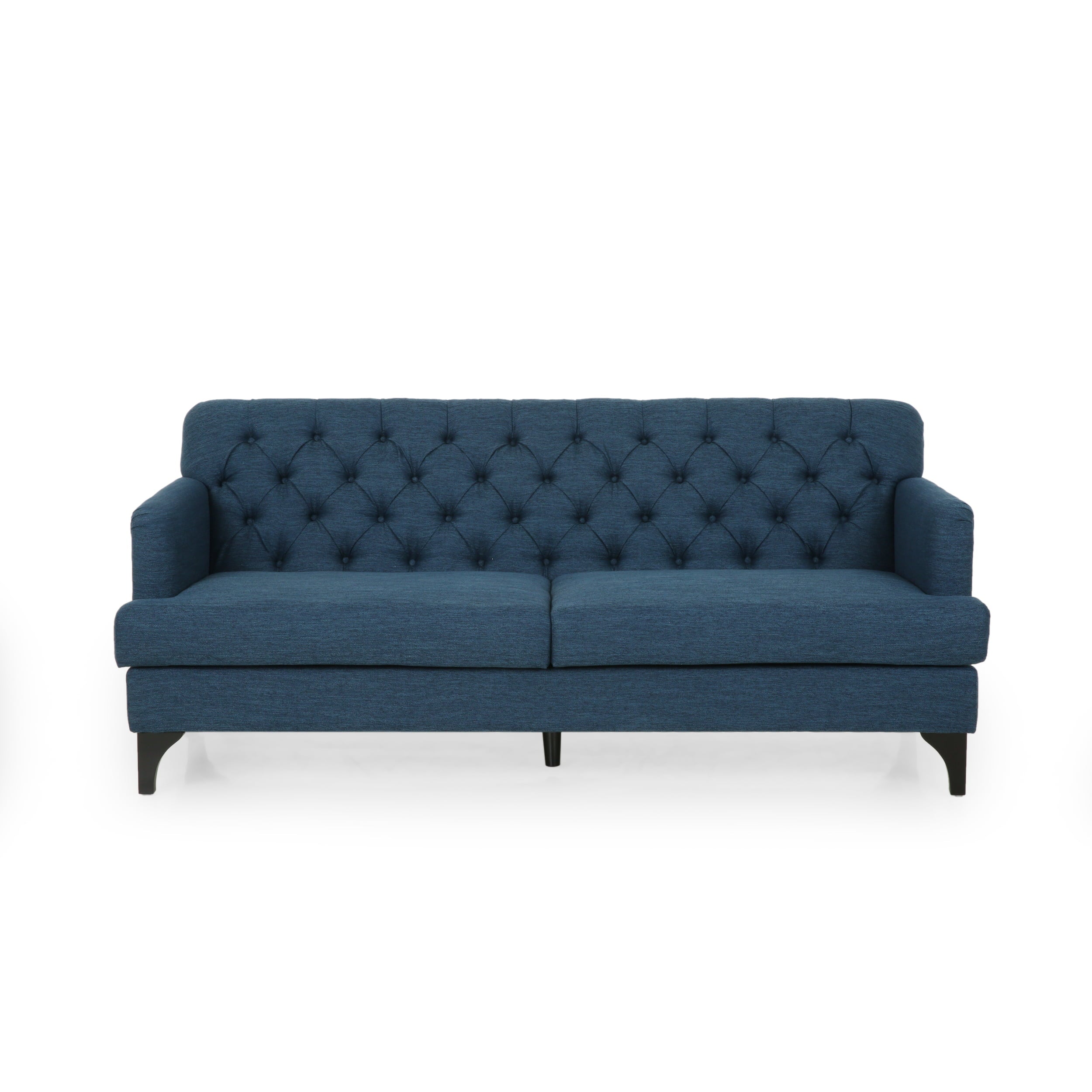 Noble House Loyang Upholstered Fabric 3 Seater Sofa, Navy Blue, Dark Brown