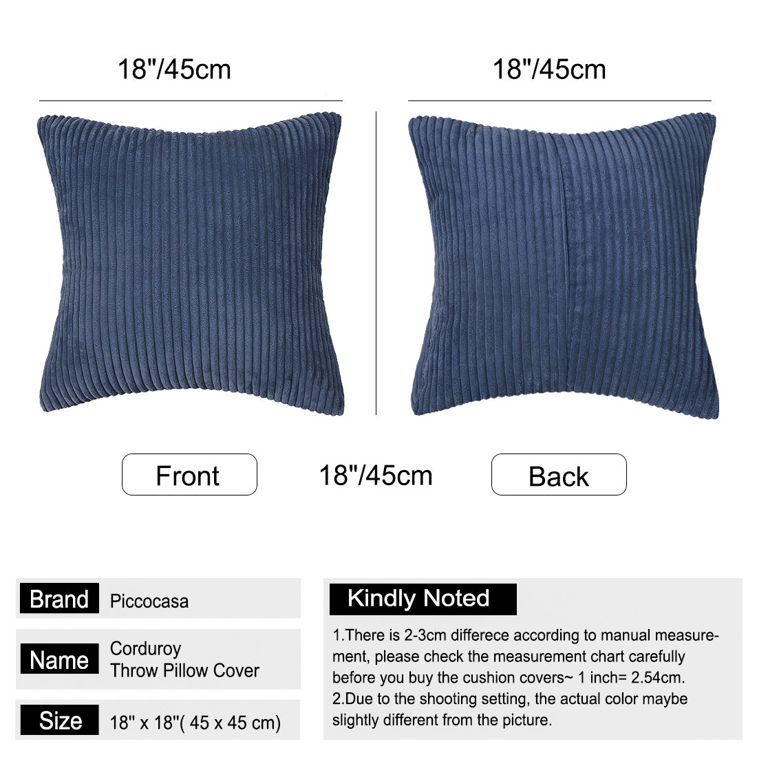 2-pcs Solid Corduory Decorative Throw Pillow Covers Navy Blue 18