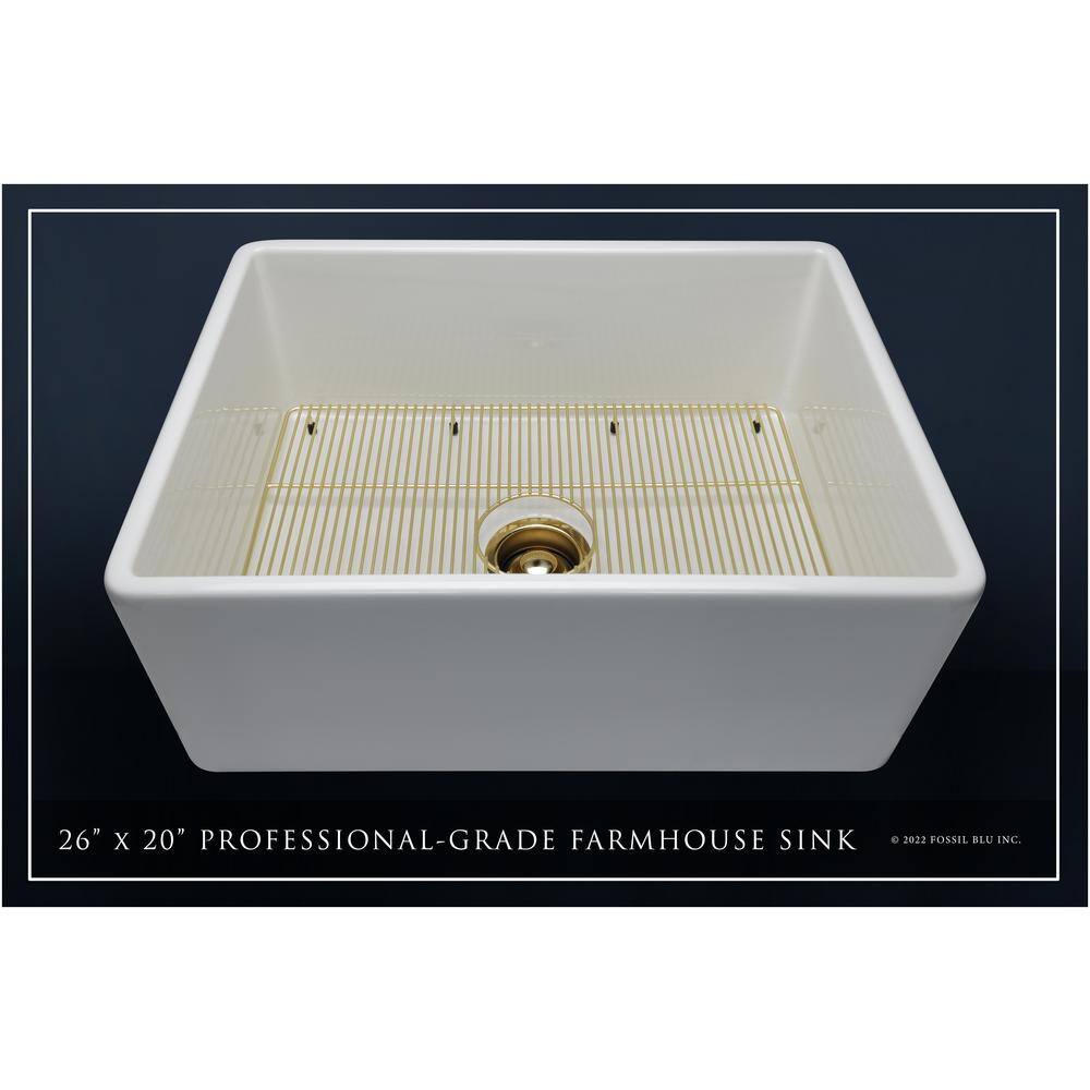 Fossil Blu Luxury White Solid Fireclay 26 in. Single Bowl Farmhouse Apron Kitchen Sink with Matte Gold Accs and Flat Front WHS1000BB