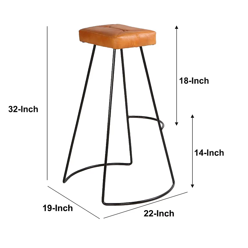 32 Inch Modern Bar Stool， Genuine Leather Seat， Metal Frame， Button Tufted， Tan Brown， Black